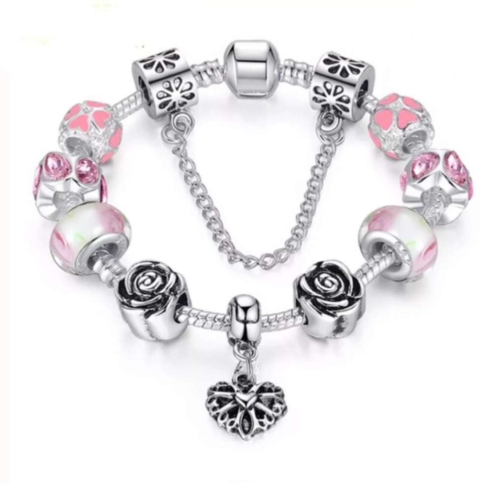 Pink-charms Silver Safety chain, heart dangle.